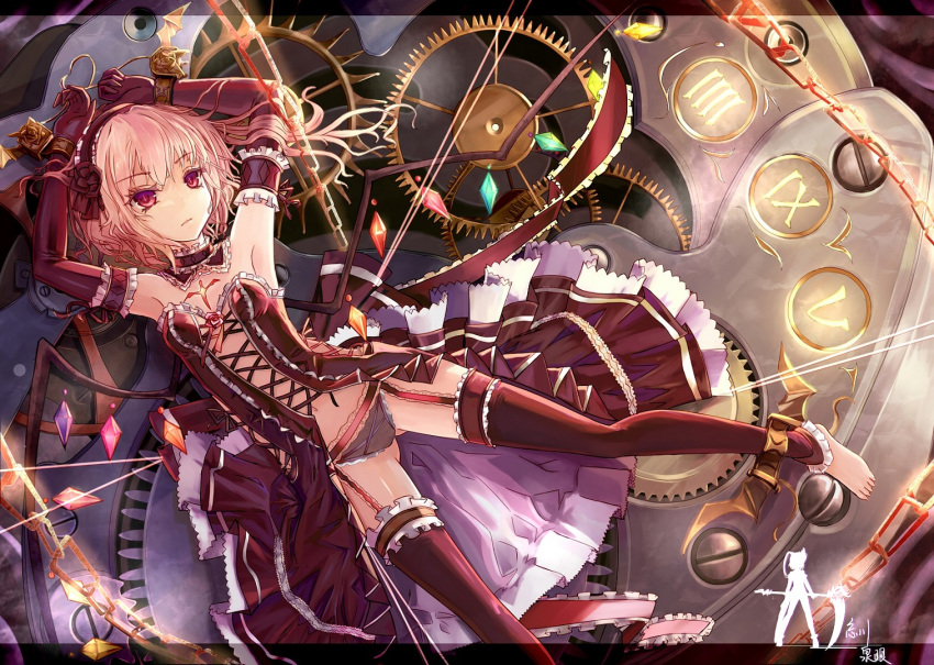 1girl alternate_costume arm_garter arms_up barefoot black_gloves black_legwear blonde_hair chain cuffs elbow_gloves flandre_scarlet gears gloves hc letterboxed red_eyes roman_numerals short_hair side_ponytail signature solo thigh-highs tied touhou wings