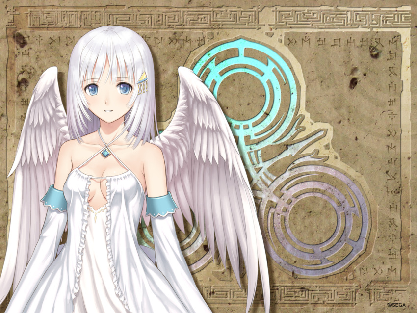 1girl angel_wings blue_eyes long_hair official_art panis_angelicus shining_(series) shining_ark taka_tony tanaka_takayuki wallpaper white_hair wings