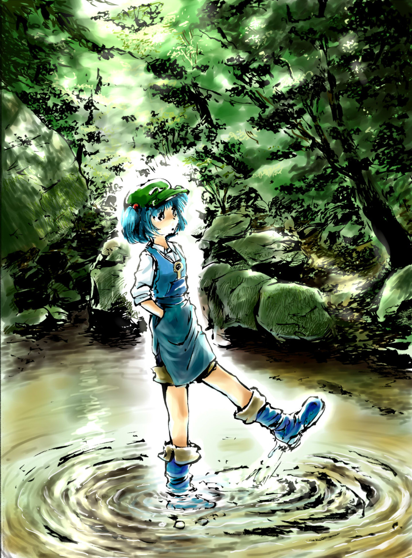 1girl blue_hair boots forest hair_bobbles hair_ornament hands_in_pockets hat highres kawashiro_nitori kicking nature pond ripples short_hair short_twintails shorts solo standing_on_one_leg stufquin touhou tree twintails wading water