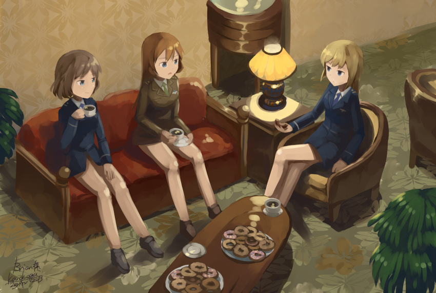 3girls blonde_hair brown_hair cecilia_e_harris chair charlotte_e_yeager coffee couch crossed_legs cup doughnut highres kanokoga lamp marian_e_carl military military_uniform multiple_girls plant plate shoes sitting strike_witches table teacup uniform