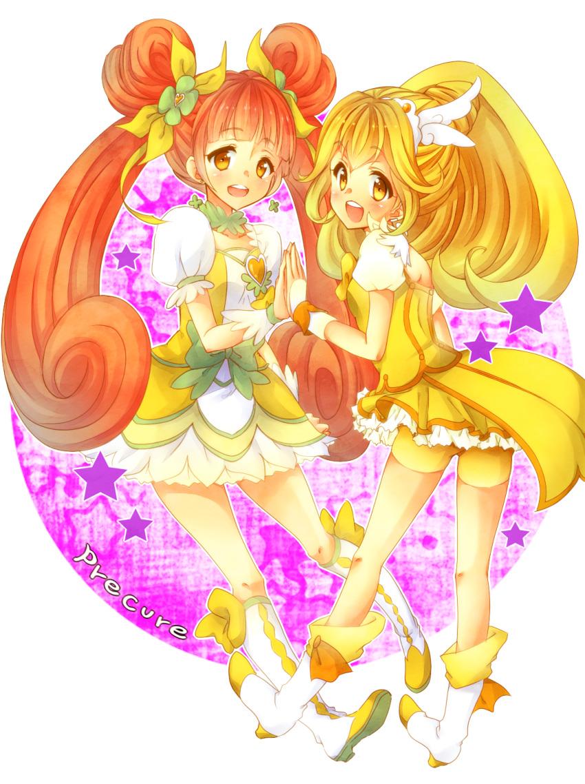 2girls bike_shorts blonde_hair blush boots bow brown_eyes brown_hair choker color_connection cure_peace cure_rosetta dokidoki!_precure double_bun dress flower hair_flower hair_ornament hair_ribbon hands_together highres kise_yayoi long_hair magical_girl multiple_girls precure purple_background ribbon shorts_under_skirt skirt smile star starry_background title_drop totogami_toto twintails yellow_dress yellow_eyes yotsuba_alice