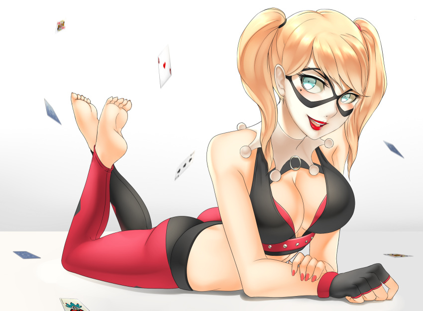 1girl bare_shoulders barefoot batman_(series) blonde_hair blue_eyes breasts card cleavage dc_comics feet fingerless_gloves gloves harley_quinn highres jester lipstick long_hair lying makeup mask nail_polish on_back pants smile soles solo toes twintails ushio_(starchild720) white_background