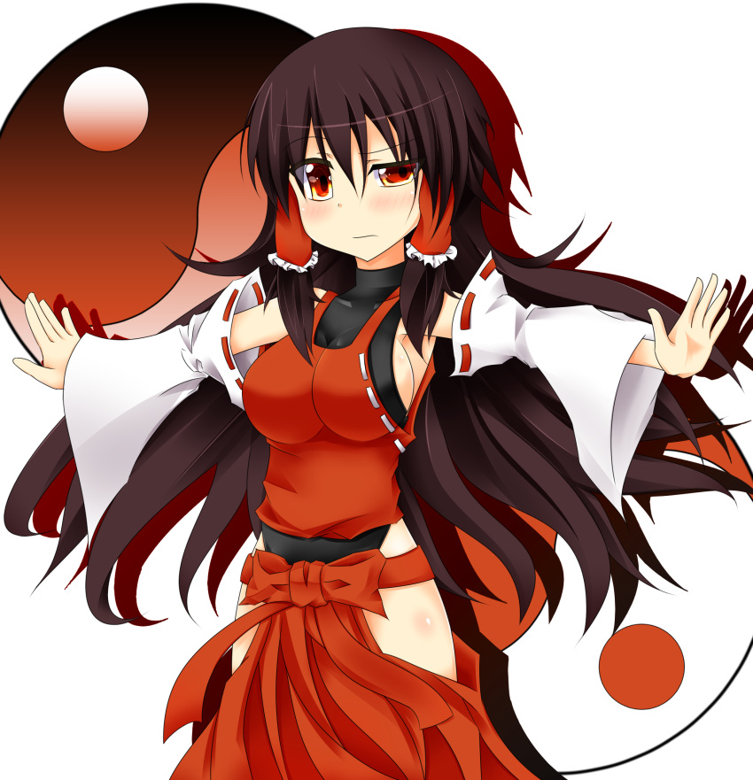 1girl blush breasts brown_hair detached_sleeves hair_tubes hakama highres japanese_clothes large_breasts leotard long_hair m.u.g.e.n nontraditional_miko original outstretched_arms raised_eyebrow red_eyes sendai_hakurei_no_miko sideboob solo touhou us2s yin_yang