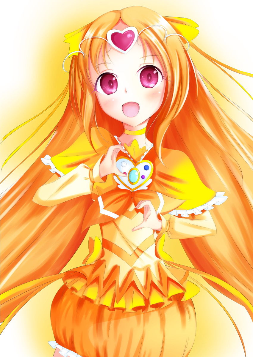1girl boots bow brooch bubble_skirt choker circlet cure_muse_(yellow) dress frills hair_ribbon heart highres jewelry long_hair magical_girl open_mouth orange_hair pink_eyes precure ribbon shirabe_ako shiratama0426 smile solo suite_precure yellow_dress