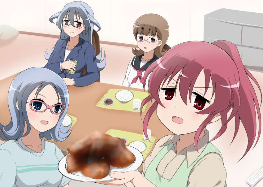 4girls apron atago_hiroe atago_kinue atago_masae blazer blue_eyes brown_hair censored chair cousins family food funakubo_hiroko glasses holding long_hair looking_at_viewer mother_and_daughter multiple_girls neckerchief nonohachi open_mouth plate ponytail red_eyes redhead saki saki_achiga-hen school_uniform serafuku shirt siblings silver_hair sisters sitting smile t-shirt table violet_eyes