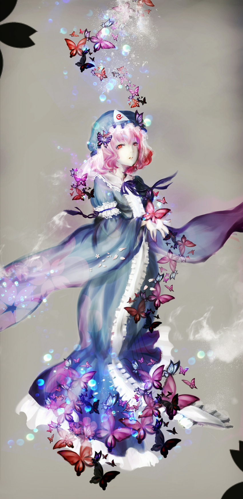 1girl absurdres aura bad_hands bubble butterfly floating grey_background highres himeki japanese_clothes jpeg_artifacts kimono lips lipstick long_sleeves makeup mob_cap nose pink_hair red_eyes ribbon saigyouji_yuyuko short_hair solo touhou triangular_headpiece veil wide_sleeves