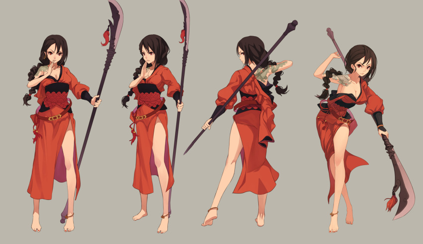 1girl anklet barefoot belt black_hair braid breasts cleavage crossed_legs_(standing) feet fkey glaive highres jewelry large_breasts legs long_hair off_shoulder original polearm red_eyes simple_background solo tattoo toenail_polish weapon