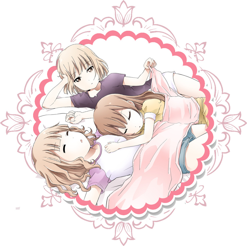 3girls baka_neko blanket blonde_hair brown_eyes brown_hair closed_eyes lying multiple_girls on_back on_side oomuro_hanako oomuro_nadeshiko oomuro_sakurako open_mouth siblings sisters sleeping t-shirt yuru_yuri