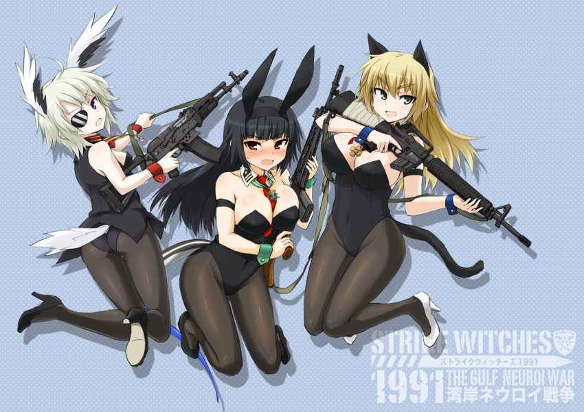 3girls ahoge animal_ears ass black_hair black_legwear blonde_hair breasts bunny_girl bunnysuit cat_ears cat_tail cleavage clothed_navel detached_collar eyepatch fang green_eyes gun high_heels large_breasts long_hair looking_at_viewer looking_back medal multiple_girls necktie necktie_between_breasts ogitsune_(ankakecya-han) open_mouth original pantyhose rabbit_ears rifle shoes silver_hair smile strike_witches strike_witches_1991 tail trigger_discipline violet_eyes weapon wrist_cuffs