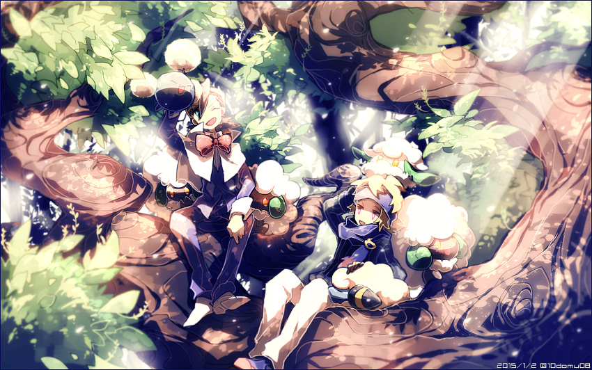 2boys blonde_hair bowtie brown_hair cape cottonee dated domu_(hamadura) formal green_eyes headband highres in_tree jumpluff male_focus mareep matsuba_(pokemon) minaki_(pokemon) multiple_boys nature pokemon pokemon_(creature) pokemon_(game) pokemon_hgss purple_scarf short_hair sitting sitting_in_tree suit tree whimsicott