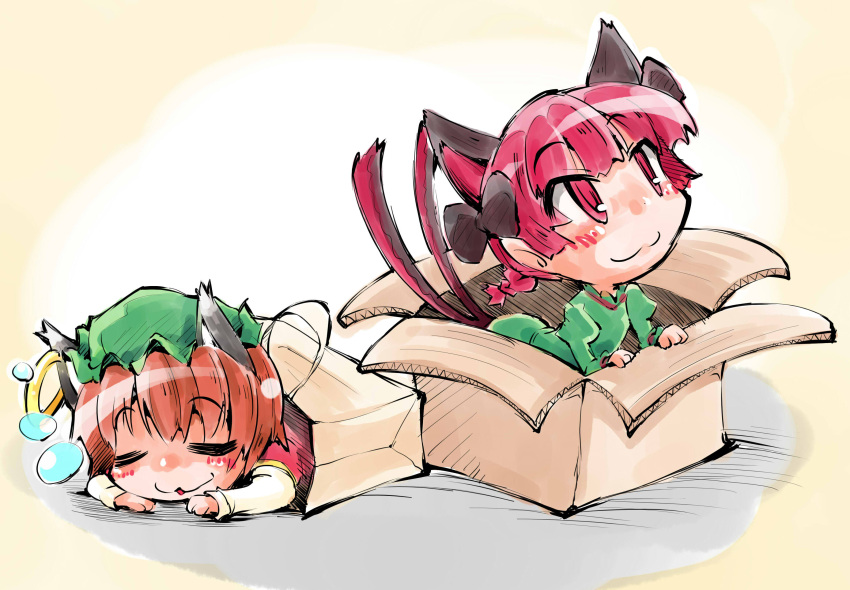 2girls :3 =_= animal_ears bag bow box braid brown_hair cat_ears cat_tail chen dress extra_ears gradient gradient_background hair_bow highres in_bag in_box in_container jewelry kaenbyou_rin long_sleeves looking_up mob_cap multiple_girls multiple_tails on_stomach pointy_ears red_eyes redhead shinapuu single_braid single_earring sleeping tail touhou