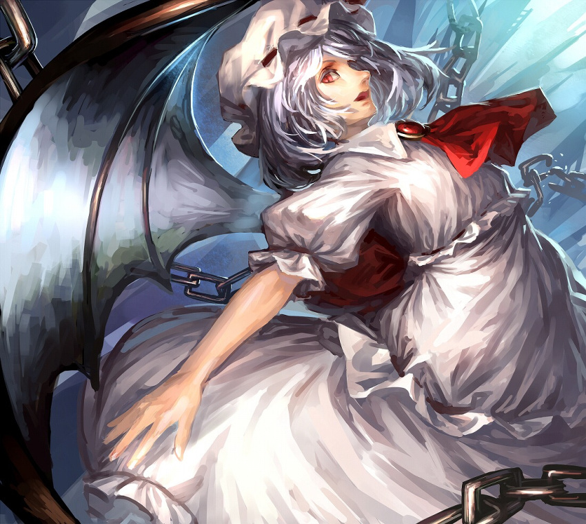 1girl ascot bat_wings brooch chain dress hat hat_ribbon jewelry looking_at_viewer maroon10 pink_dress puffy_sleeves red_eyes remilia_scarlet ribbon short_sleeves silver_hair solo touhou wings