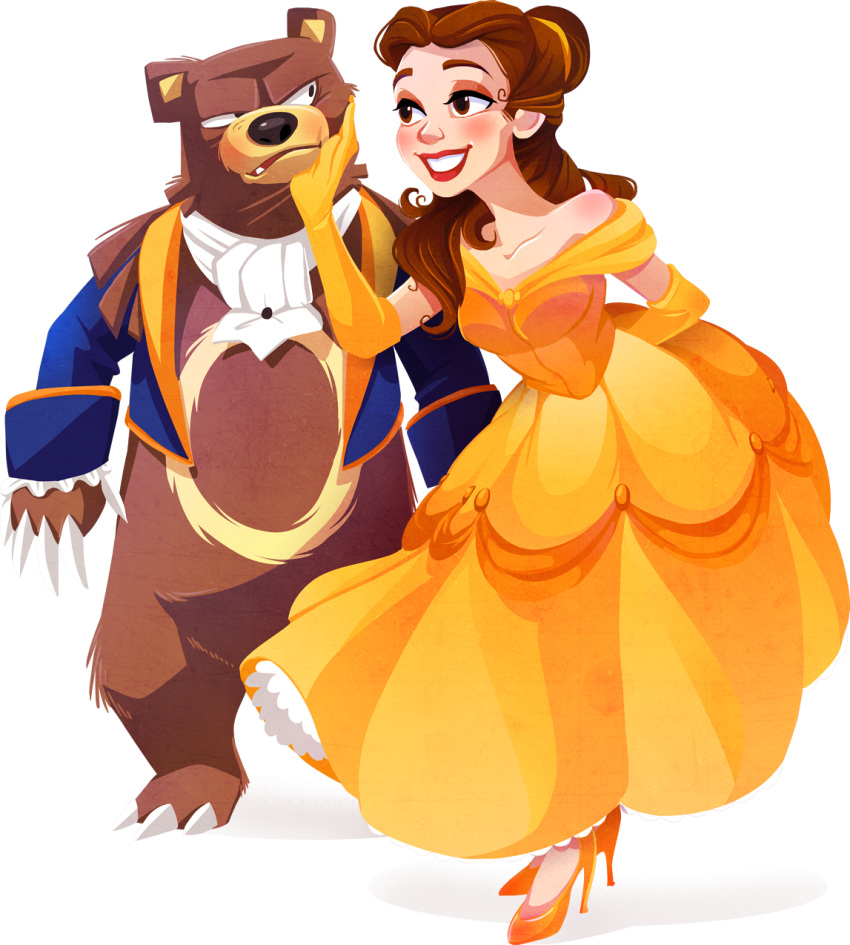 1girl bare_shoulders beast_(disney) beast_(disney)_(cosplay) beauty_and_the_beast belle_(disney) blush brown_hair collarbone cosplay disney dress elbow_gloves gloves hand_on_another's_cheek hand_on_another's_face high_heels highres kuitsuku long_hair parody pokemon pokemon_(creature) ponytail scarf shadow shoes simple_background smile transparent_background ursaring