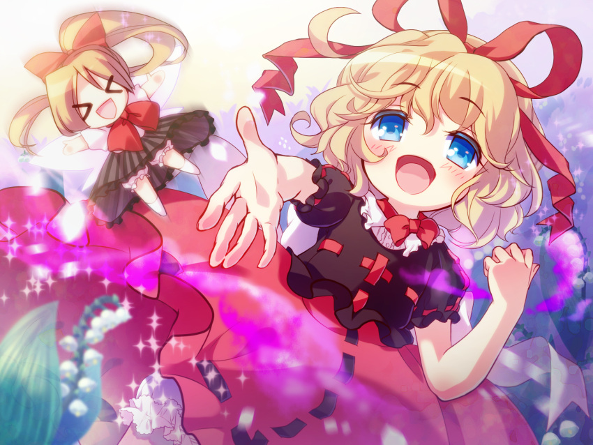 &gt;_&lt; 1girl amo blonde_hair bloomers blue_eyes blush bow dress flower hair_bow hair_ribbon hat highres lily_of_the_valley medicine_melancholy outstretched_arm outstretched_arms ribbon short_hair smile solo su-san touhou underwear wings