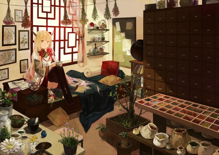 bag bed black_legwear blonde_hair book bookshelf bottle brown_eyes cabinet cotta cup flower horns long_hair original pen picture_frame pillow plant shelf sitting smile teacup teapot thigh-highs tree window