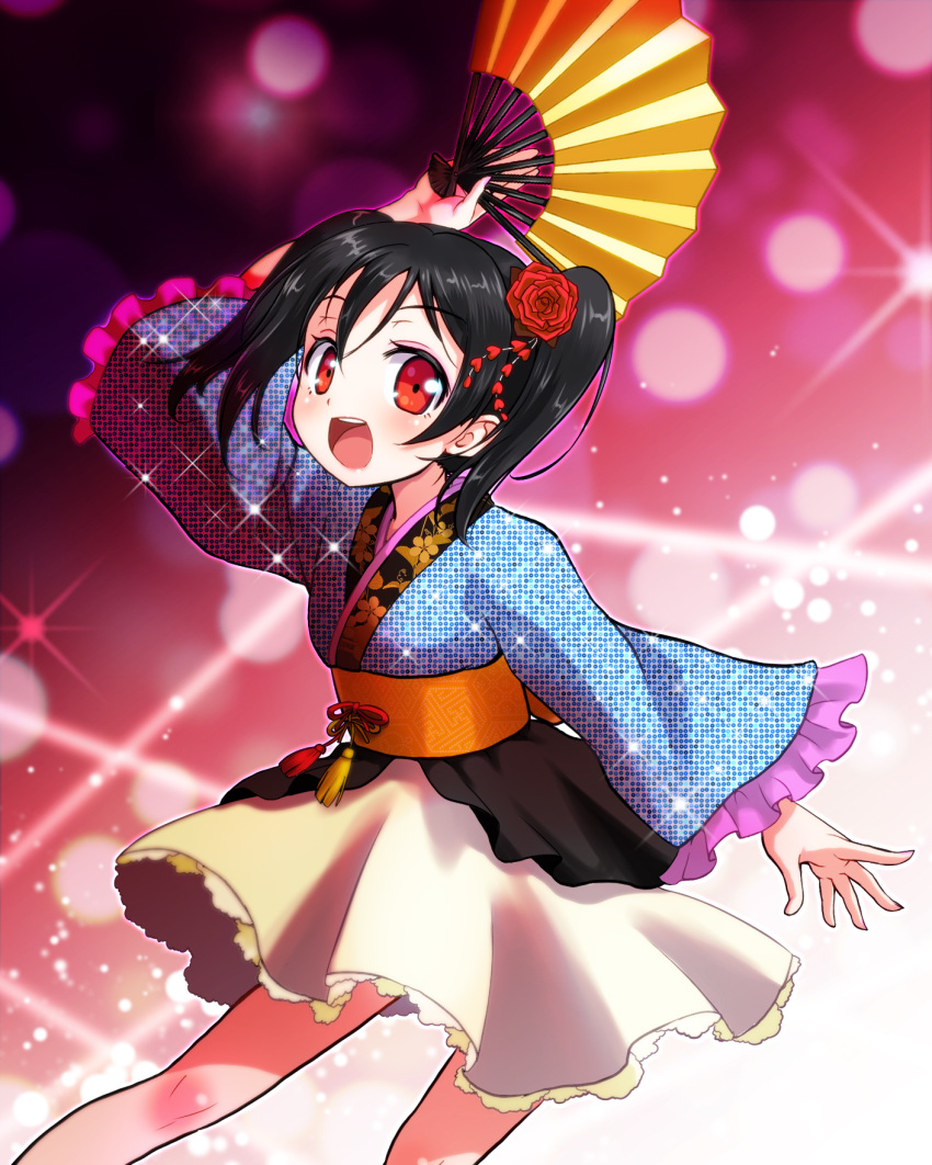 1girl black_hair blush fan flower hair_flower hair_ornament highres japanese_clothes kimono kimono_skirt long_hair looking_at_viewer love_live!_school_idol_project m-shiganai obi open_mouth red_eyes skirt smile solo twintails yazawa_nico