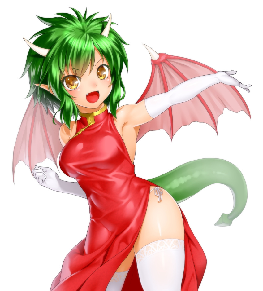 1girl armpits blush china_dress chinese_clothes draco_centauros dragon_girl dragon_tail dragon_wings elbow_gloves fang female gloves green_hair highres horns looking_at_viewer onsoku_maru open_mouth panties pointy_ears puyopuyo short_hair side-tie_panties simple_background solo tail thighhighs underwear white_background white_gloves white_legwear wings yellow_eyes