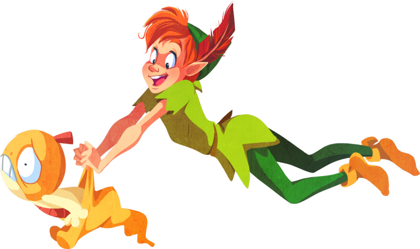 1boy crossover disney feathers flying hat kuitsuku open_mouth peter_pan pokemon pokemon_(creature) redhead scraggy simple_background tagme transparent_background