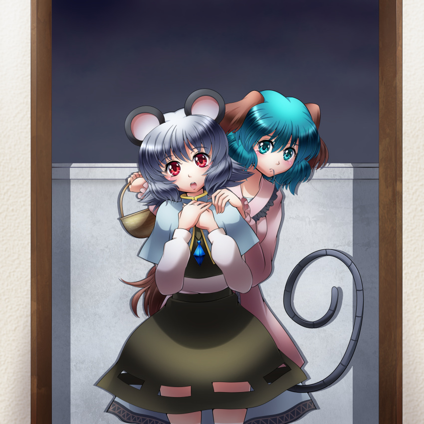 2girls absurdres animal_ears basket blush capelet dress eating green_eyes green_hair grey_hair hand_on_another's_shoulder hands_together highres jewelry kasodani_kyouko mouse mouse_ears mouse_tail multiple_girls nazrin open_mouth pendant raionsan red_eyes short_hair skirt smile tail touhou