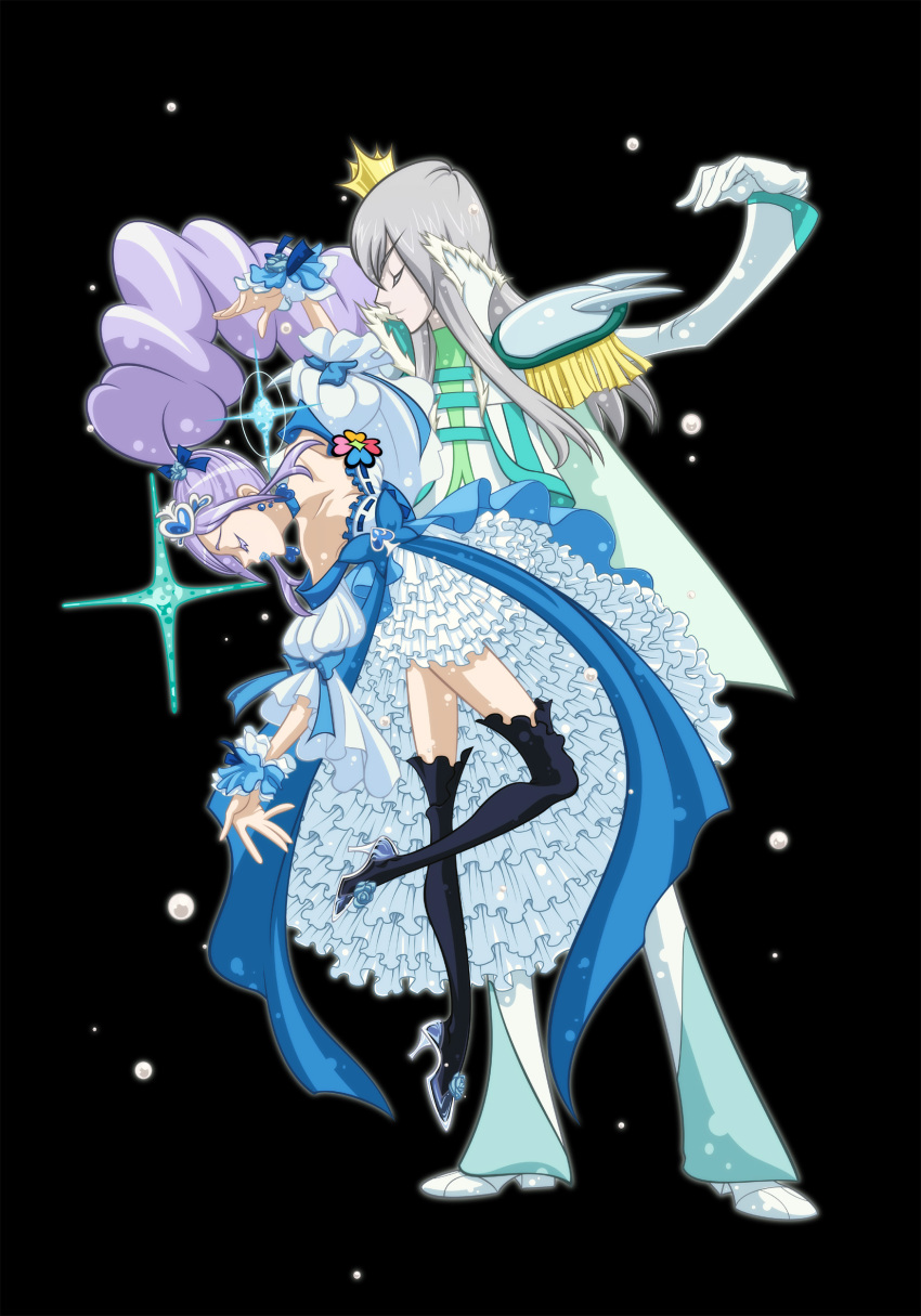 1boy 1girl absurdres adapted_costume aono_miki bare_shoulders blue_rose boots bow cape choker closed_eyes couple crown cure_berry dress epaulettes flower formal fresh_precure! frills hair_ornament hair_ribbon hairband heart hetero high_heels highres jewelry lipstick long_hair magical_girl makeup minami_shun nashe_taneru precure puffy_sleeves purple_hair ribbon rose shoes side_ponytail silver_hair souler spade thigh-highs thighs very_long_hair wrist_cuffs