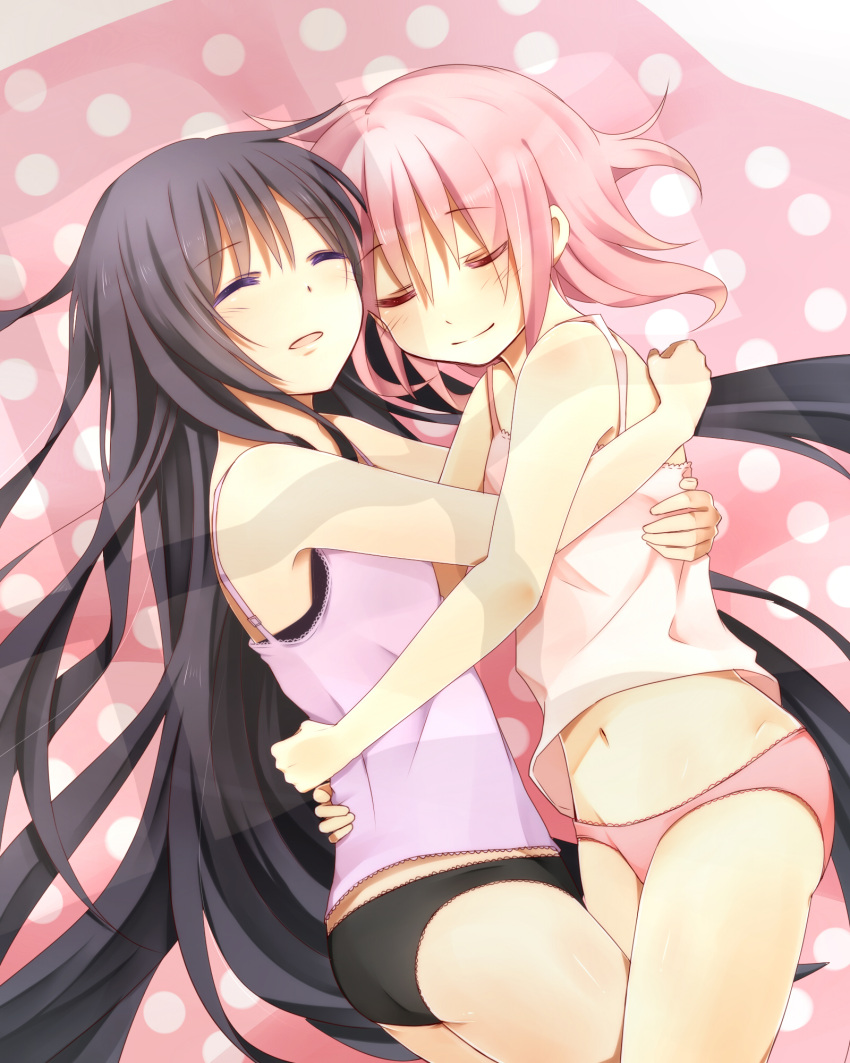 2girls ^_^ akemi_homura ass babydoll bare_shoulders black_hair black_panties closed_eyes hair_down highres hug kaname_madoka long_hair mahou_shoujo_madoka_magica multiple_girls navel open_mouth panties pink_hair pink_panties polka_dot short_hair smile underwear very_long_hair yuri