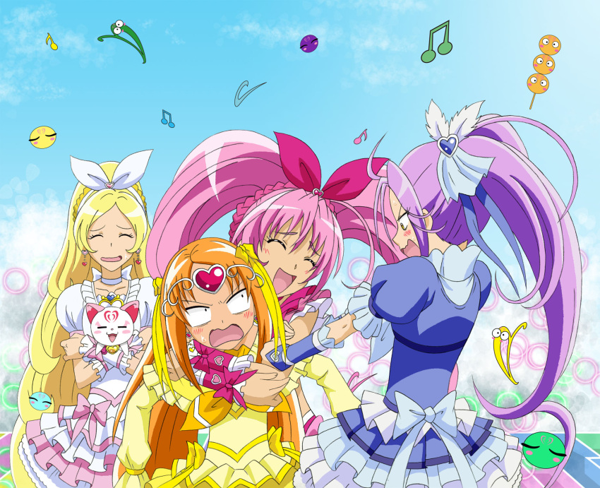 4girls :d =_= angry blonde_hair blush closed_eyes cure_beat cure_melody cure_muse cure_rhythm fuchi_(nightmare) highres houjou_hibiki hug hug_from_behind hummy_(suite_precure) jealous kurokawa_eren minamino_kanade multiple_girls musical_note open_mouth orange_hair pink_hair ponytail precure purple_hair shirabe_ako smile suite_precure twintails
