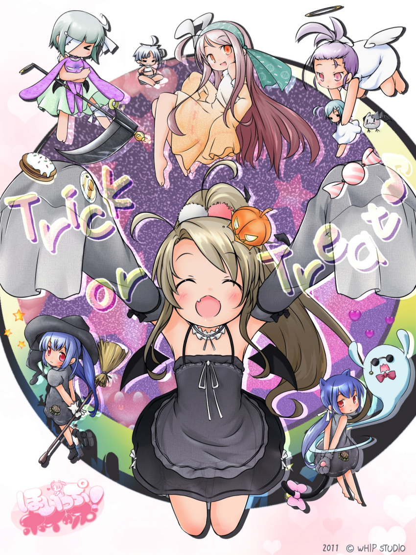 6+girls akino_coto blue_hair broom facing_viewer halloween hat highres jack-o'-lantern long_hair looking_at_viewer multiple_girls open_mouth original red_eyes sleeves_past_wrists smile witch_hat