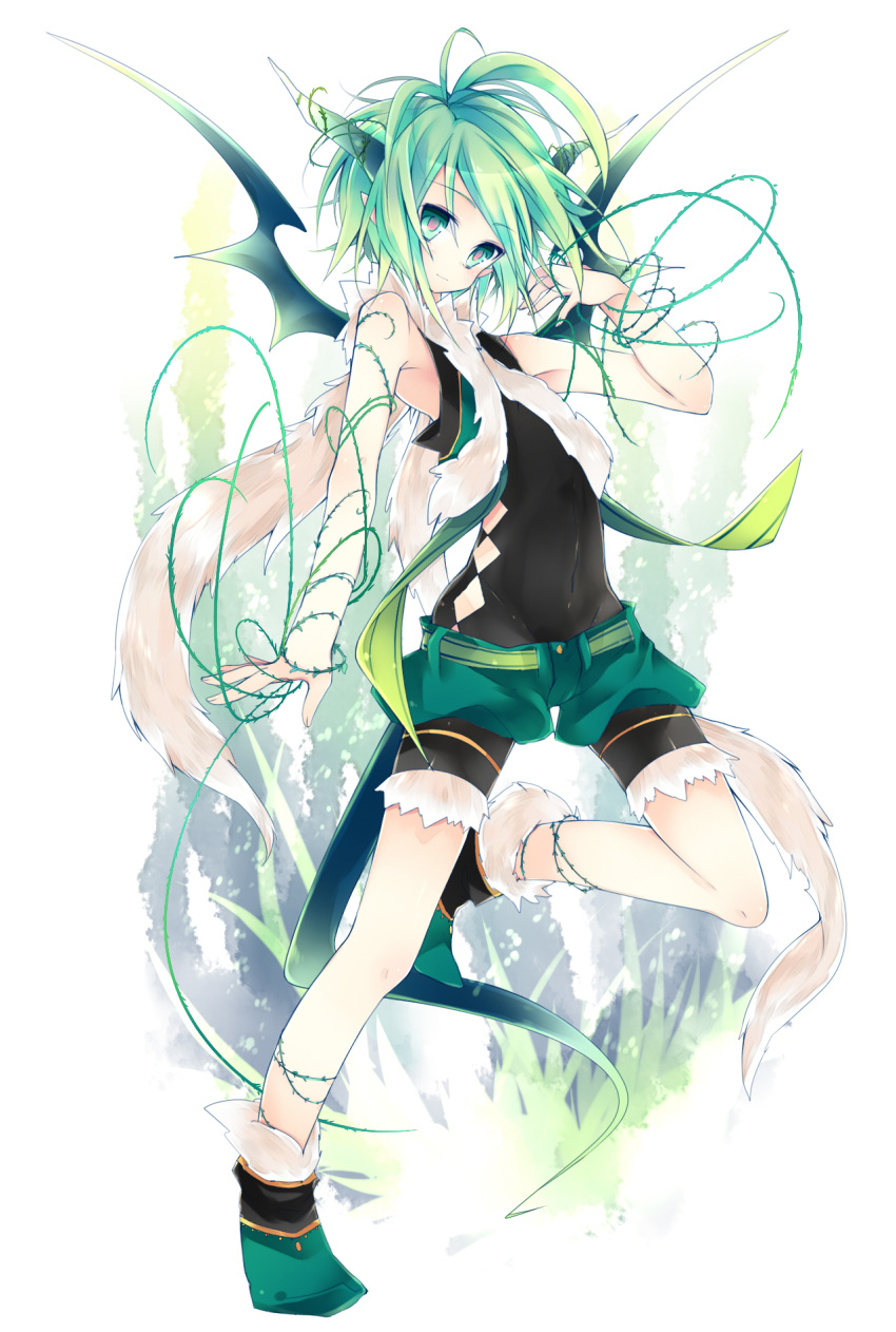 1boy bare_shoulders boots demon demon_boy demon_tail demon_wings green_eyes green_hair highres horns leeannpippisum looking_at_viewer male multicolored_eyes original pointy_ears red_eyes short_hair shorts solo tail trap wings