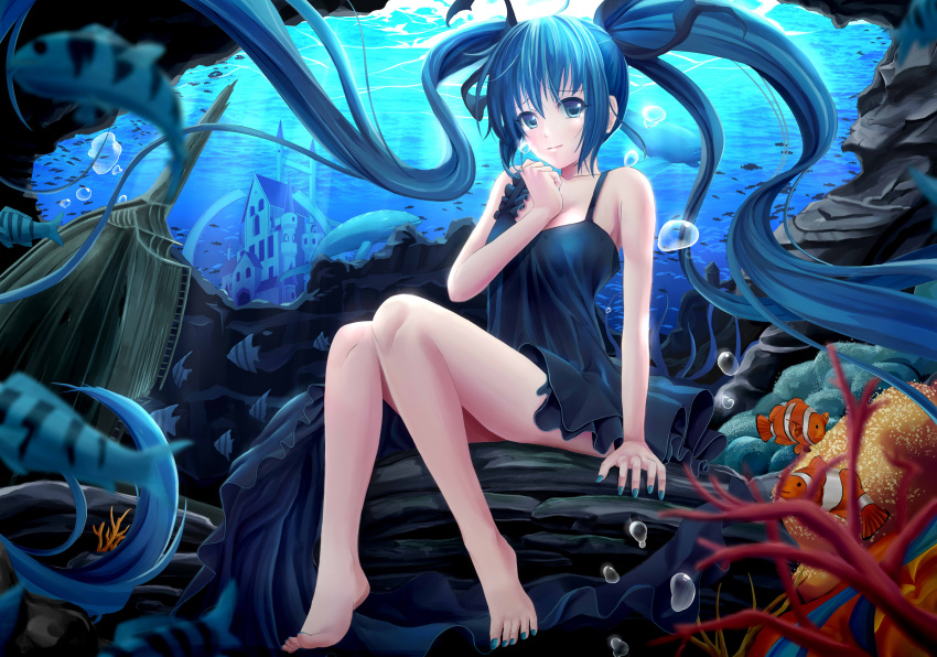 1girl barefoot blue_eyes blue_hair bubble dress fish floating_hair hand_on_own_chest hatsune_miku highres long_hair nail_polish rayxray shinkai_shoujo_(vocaloid) sitting solo twintails underwater very_long_hair vocaloid