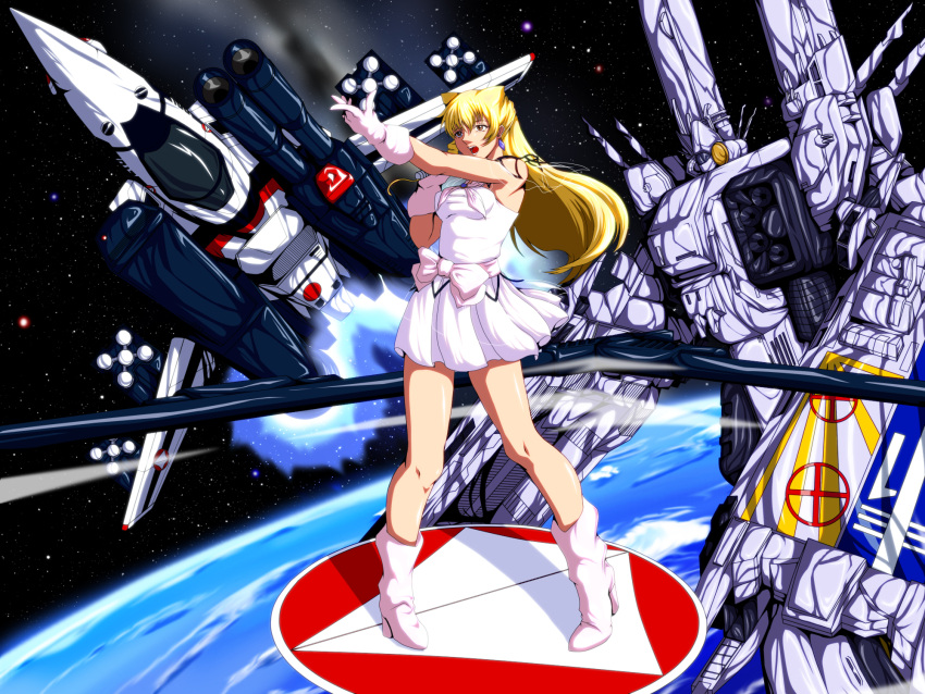 1girl antennae aoi_yuu armd blonde_hair boots cannon dress earrings earth energy_cannon gloves highres jewelry lynn_minmay lynn_minmay_(cosplay) macross macross:_do_you_remember_love? macross_frontier mecha microphone planet rocket_launcher science_fiction sdf-1 sheryl_nome singing space space_craft star_(sky) u.n._spacy vf-1 vf-1_strike weapon