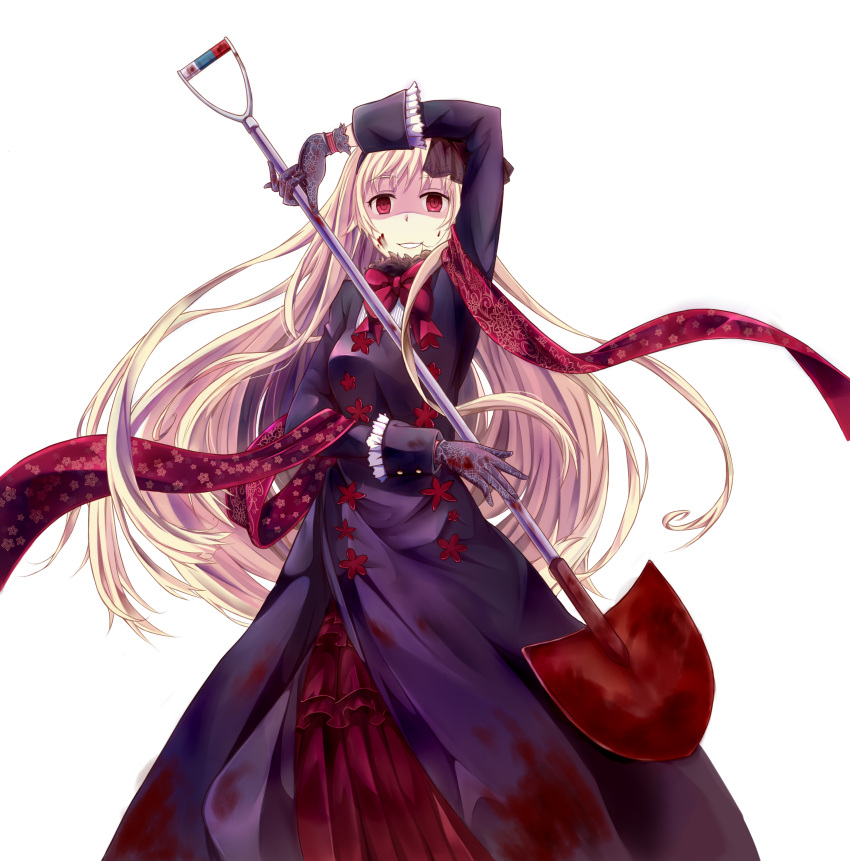 1girl absurdres axis_powers_hetalia black_gloves blonde_hair blood gloves grin hair_in_mouth highres ido_(pixiv1101145) long_hair red_eyes russian scarf shaded_face shovel simple_background smile solo white_background worktool yandere