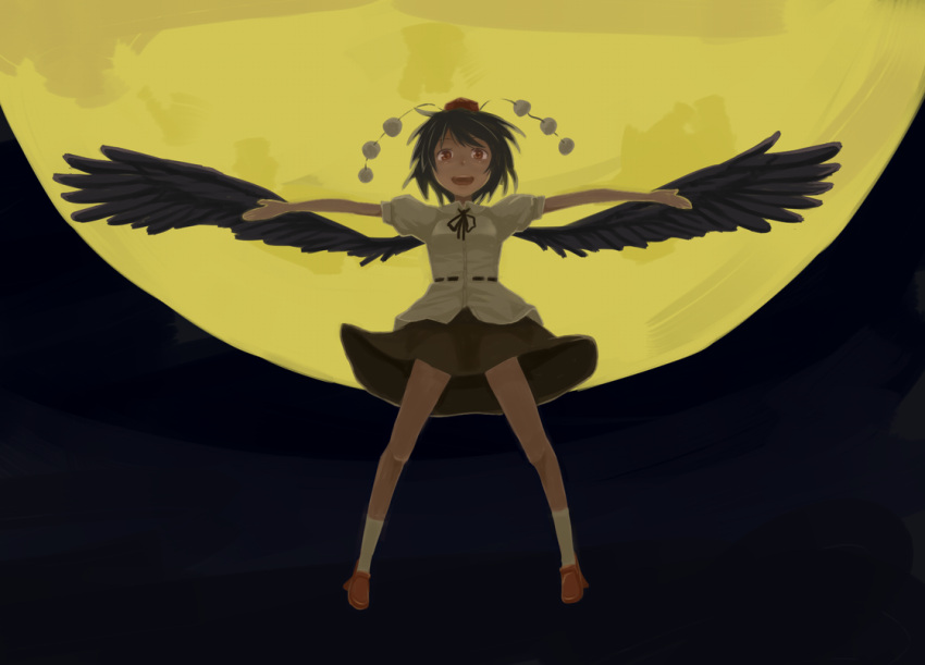 1girl black_hair black_wings full_moon kawashina_(momen_silicon) looking_at_viewer moon open_mouth outstretched_arms shameimaru_aya short_hair skirt solo touhou wings