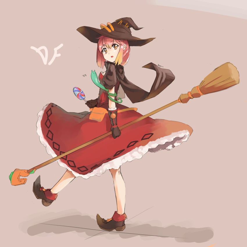 1girl broom candy hat highres lollipop nellen short_hair simple_background solo witch_hat