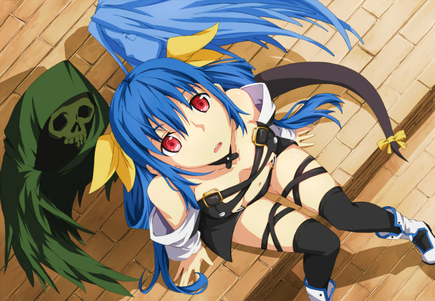 1girl asymmetrical_wings bare_shoulders blue_hair blush boots bow breasts choker cleavage dizzy guilty_gear hair_bow highres large_breasts long_hair looking_up midriff navel necro open_mouth red_eyes ribbon skull solo tail tail_ribbon thigh-highs twintails under_boob undine wings