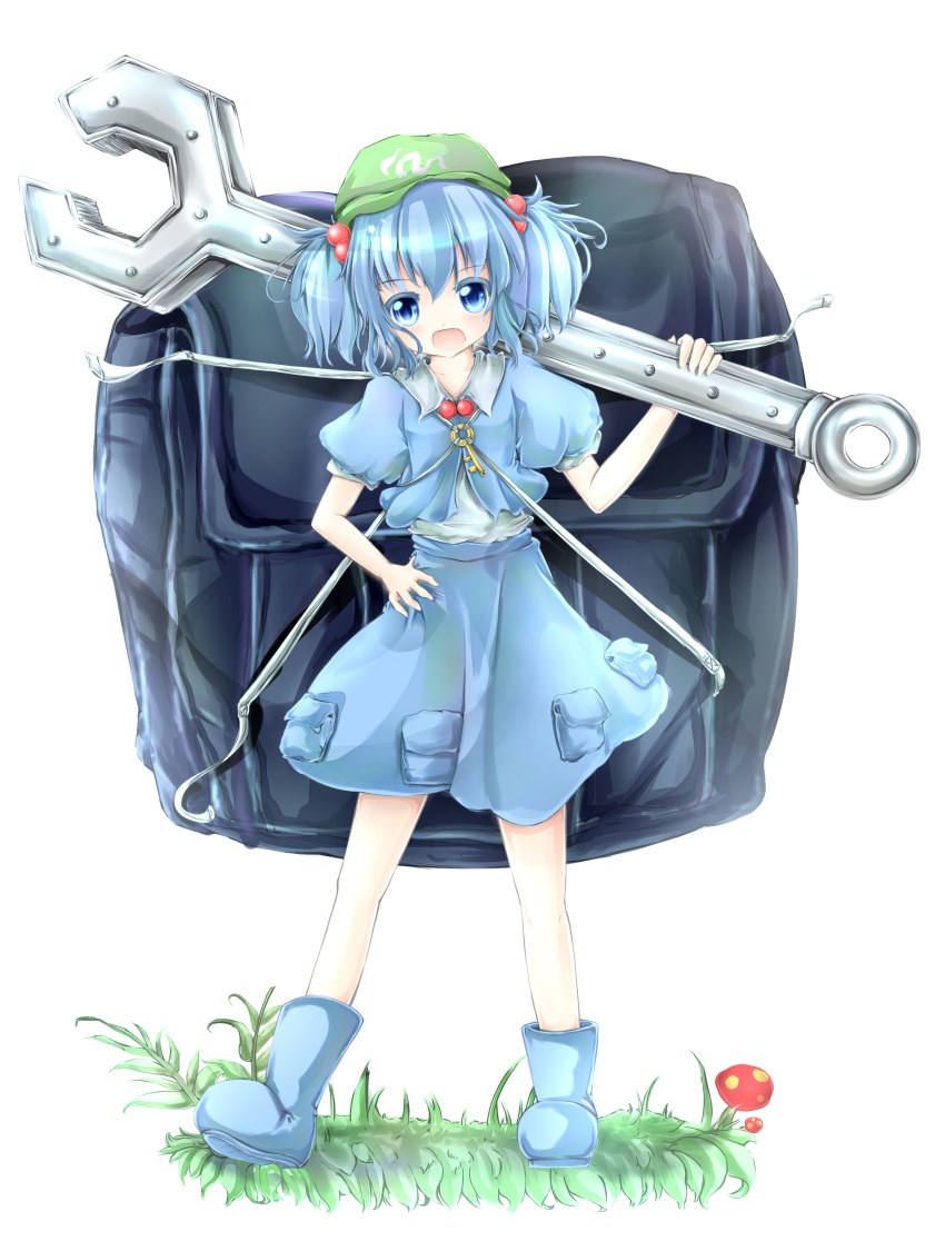 1girl absurdres backpack bag blue_eyes blue_hair grass hair_bobbles hair_ornament hand_on_hip hat highres kawashiro_nitori key looking_at_viewer mushroom nano_(mianhua_maoqiu) open_mouth oversized_object puffy_short_sleeves puffy_sleeves rubber_boots short_hair short_sleeves simple_background skirt skirt_set solo touhou twintails white_background wrench