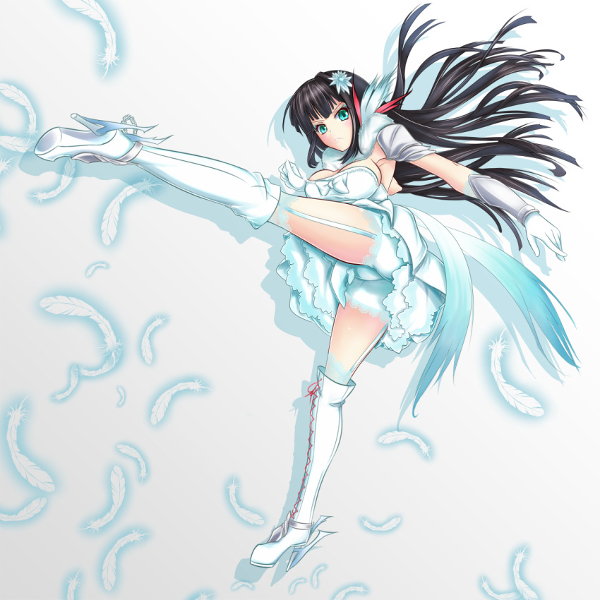 1girl aqua_eyes black_hair boots breasts dress eyeshadow feathers frills frown gloves hair_ornament highres kicking long_hair makeup melanie_(rwby) miyabi_urumi rwby solo standing_on_one_leg white_background