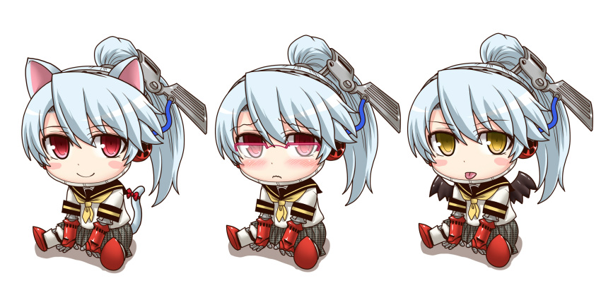 1girl androgynous animal_ears bat_wings blush blush_stickers cat_ears cat_tail chibi frown hair_ornament highres kemonomimi_mode labrys multiple_persona neckerchief persona persona_4:_the_ultimate_in_mayonaka_arena pink-framed_glasses ponytail red_eyes school_uniform segami_daisuke serafuku shadow_(persona) silver_hair sitting skirt smile tail tongue tongue_out wings wire yellow_eyes