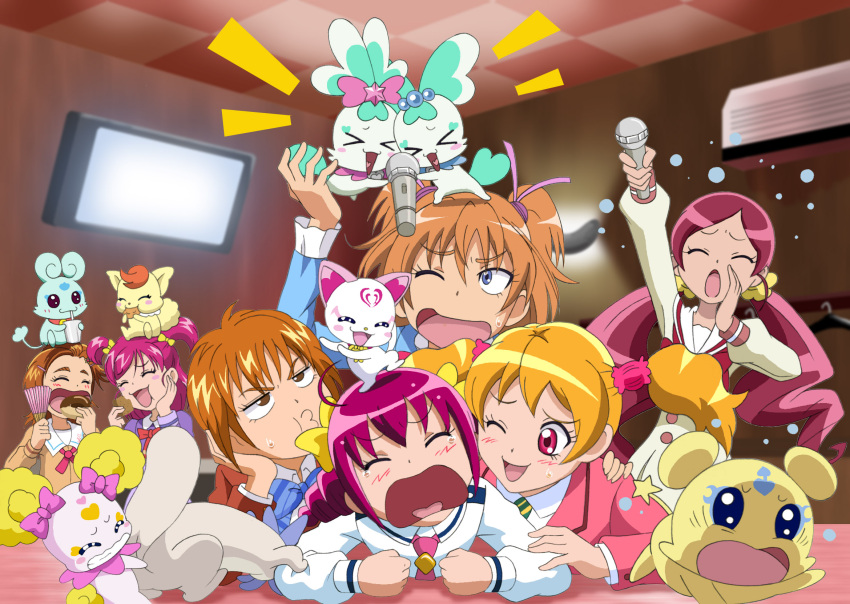 &gt;_&lt; 6+girls :3 blonde_hair candy_(smile_precure!) chypre_(heartcatch_precure!) closed_eyes coco_(precure_5) coffret_(heartcatch_precure!) doughnut drinking eating flappy fresh_precure! fuchi_(nightmare) futari_wa_precure futari_wa_precure_splash_star hanasaki_tsubomi heartcatch_precure! highres hoshizora_miyuki houjou_hibiki hummy_(suite_precure) hyuuga_saki indoors karaoke mepple microphone misumi_nagisa momozono_love multiple_girls orange_hair pink_hair precure singing smile_precure! suite_precure tart_(fresh_precure!) tears wince wink yes!_precure_5 yumehara_nozomi