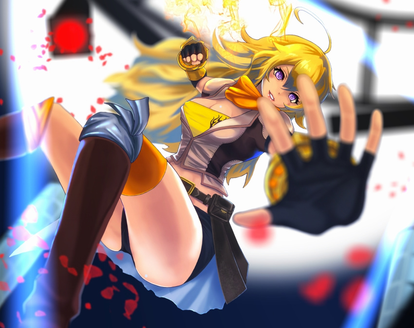 1girl ahoge belt blonde_hair blurry boots breasts cleavage clenched_hand coppelia_(futamine) depth_of_field grin jacket lips long_hair orange_legwear petals rwby scarf shorts smile solo thigh-highs violet_eyes yang_xiao_long