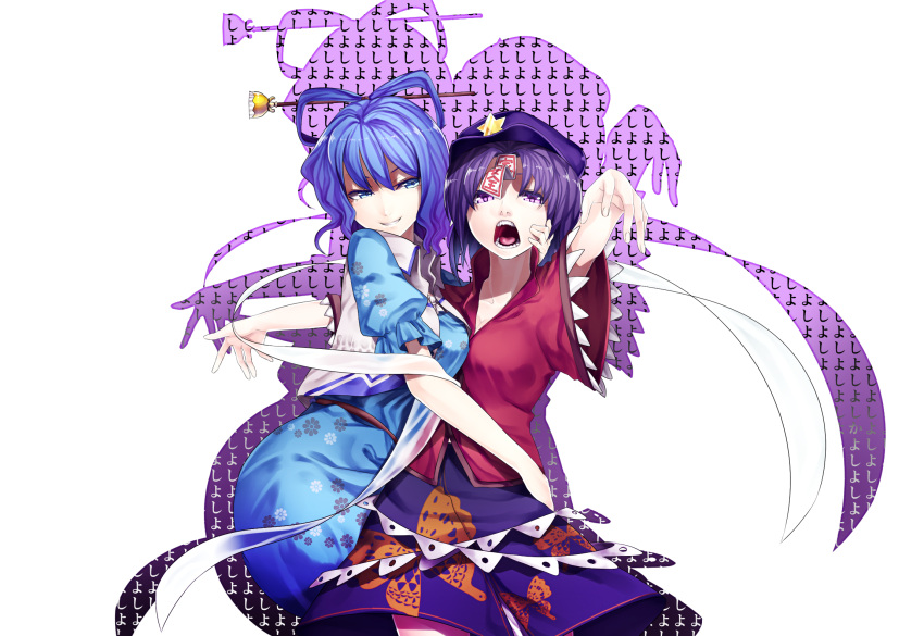 2girls blue_eyes blue_hair hagoromo hair_ornament hair_rings hair_stick hat highres kaku_seiga miyako_yoshika multiple_girls ofuda open_mouth purple_hair shawl short_hair skirt smile star touhou uu_uu_zan vest violet_eyes