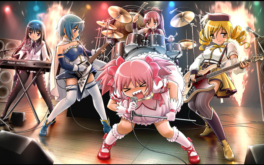 &gt;_&lt; 5girls akemi_homura arm_warmers bent_over black_hair black_legwear blonde_hair blue_eyes blue_hair bow cape closed_eyes detached_sleeves dress drill_hair drum drum_set fangs fireworks gloves guitar hair_bow hairband hat instrument kaname_madoka keyboard_(instrument) magical_girl mahou_shoujo_madoka_magica microphone microphone_stand miki_sayaka multiple_girls open_mouth pantyhose pink_hair puffy_sleeves red_eyes redhead sakura_kyouko shingyouji_tatsuya short_sleeves speaker striped striped_dress thigh-highs tomoe_mami twin_drills twintails vest violet_eyes white_gloves white_legwear yellow_eyes zettai_ryouiki