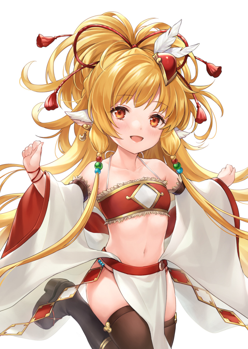 1girl :d animal_ears bangle bangs black_footwear blonde_hair blush bracelet brown_legwear collarbone detached_sleeves eyebrows_visible_through_hair granblue_fantasy harvin highres jewelry long_sleeves mahira_(granblue_fantasy) navel open_mouth platform_boots ponytail red_bandeau red_eyes shiao simple_background smile solo standing standing_on_one_leg thigh-highs thighhighs_under_boots white_background white_sleeves wide_sleeves