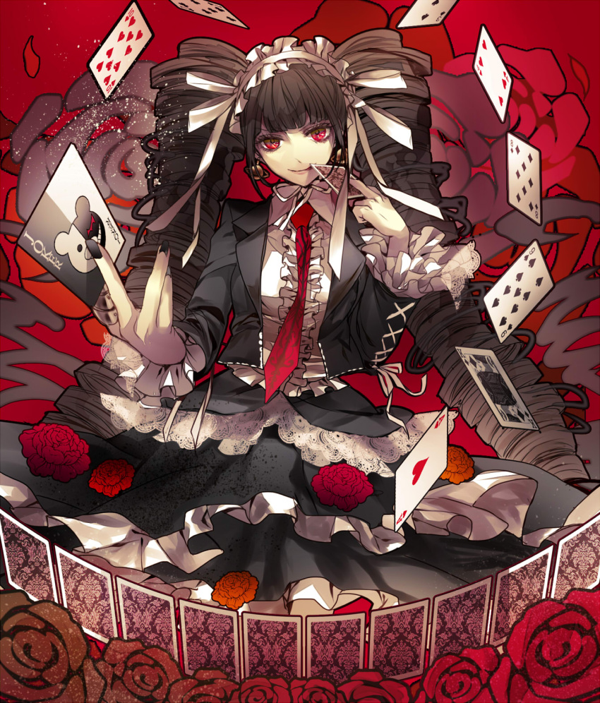 1girl black_hair card celestia_rudenberk dangan_ronpa dress drill_hair earrings flower frills gothic_lolita grin hairband highres jewelry kizuna_(black15) lolita_fashion lolita_hairband monokuma necktie playing_card red_background red_eyes rose smile solo twin_drills