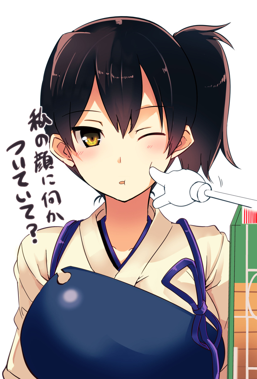 1girl absurdres archery armor blush brown_eyes brown_hair cheek_poke highres imperial_japanese_navy kaga_(aircraft_carrier) kantai_collection kyuudou looking_at_viewer muneate oda_masaru personification poking solo translation_request