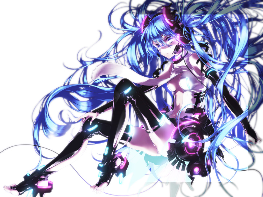 1girl barefoot_sandals blue_eyes blue_hair boots bridal_gauntlets center_opening coracola hatsune_miku high_heels highres long_hair looking_at_viewer miku_append necktie shoes sitting solo thigh-highs thigh_boots toeless_legwear very_long_hair vocaloid vocaloid_append