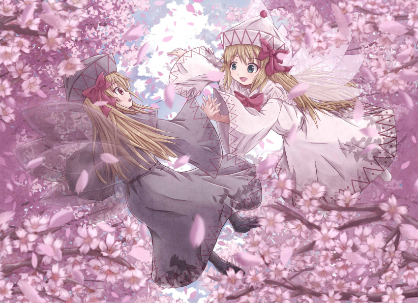 2girls black_dress blonde_hair blue_eyes bow capelet cherry_blossoms dress dual_persona fairy_wings hair_bow highres hikariniji interlocked_fingers lily_black lily_white long_hair long_sleeves multiple_girls open_mouth outstretched_arm outstretched_hand petals red_eyes smile touhou tree very_long_hair white_dress wide_sleeves wings