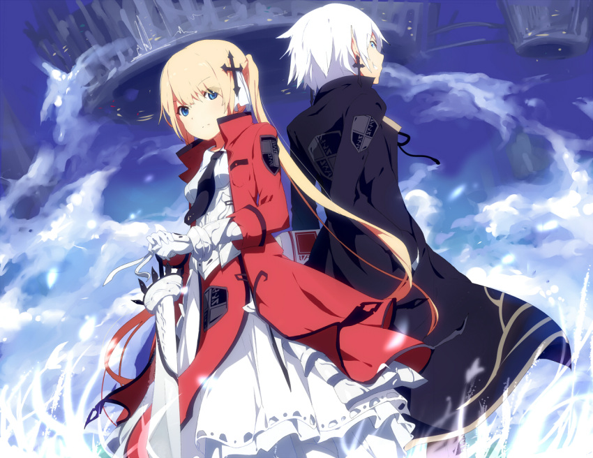 2girls back-to-back blonde_hair blue_eyes blue_sky clouds coat cross dress earrings floating_city gloves grass grin hands_in_pockets jewelry layered_dress long_hair long_sleeves looking_at_viewer multiple_girls necktie ogipote original red_dress sky smile sword twintails very_long_hair weapon white_dress white_gloves