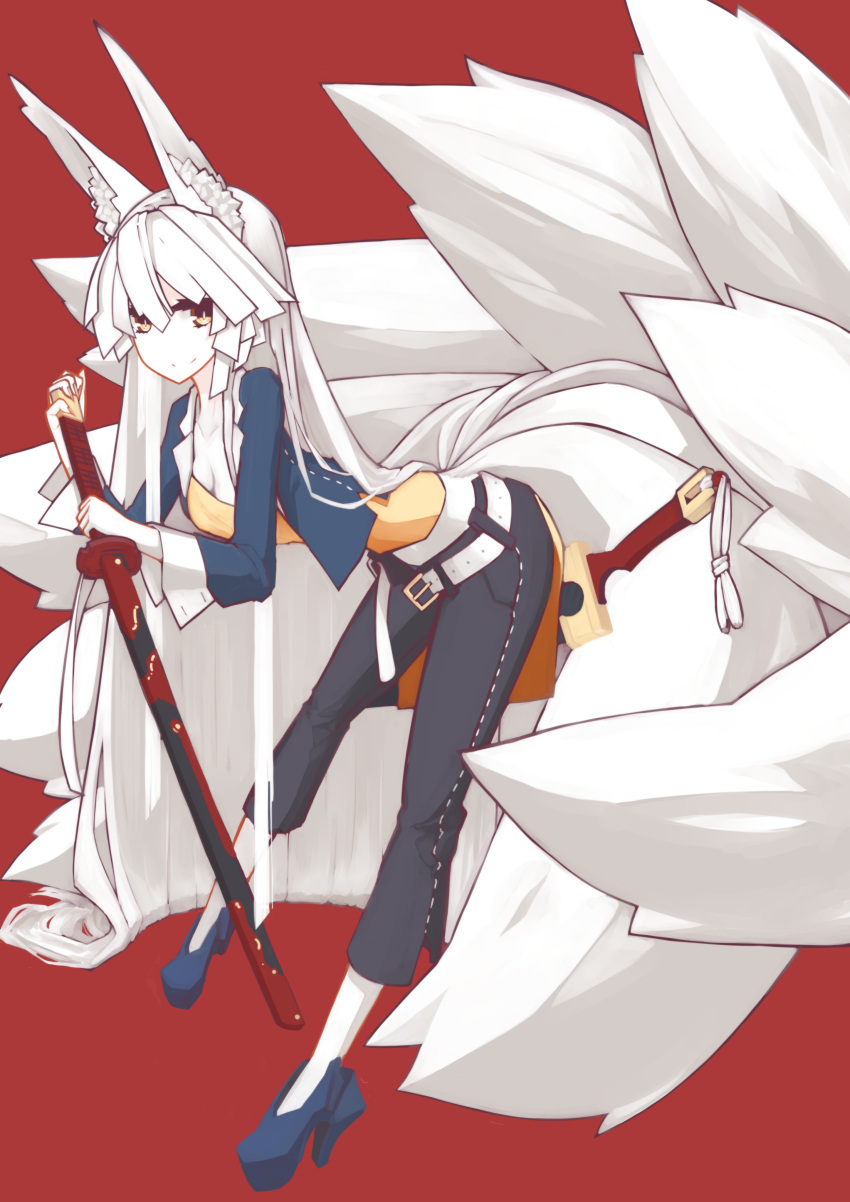 absurdres amagimikoto animal_ears bent_over breasts camisole capri_pants cleavage fox_ears fox_tail girl high_heels highres katana long_hair midriff multiple_tails original pale_skin shoes solo1 sword tail very_long_hair weapon white_hair yellow_eyes