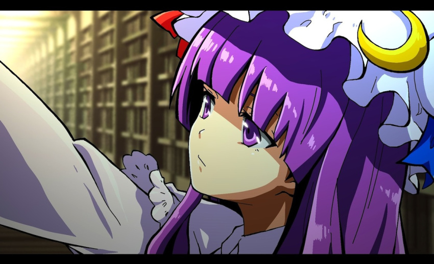 1girl anime_coloring blurry depth_of_field expressionless fake_screenshot hat outstretched_arm patchouli_knowledge purple_hair ryo_(0626kk) solo touhou violet_eyes