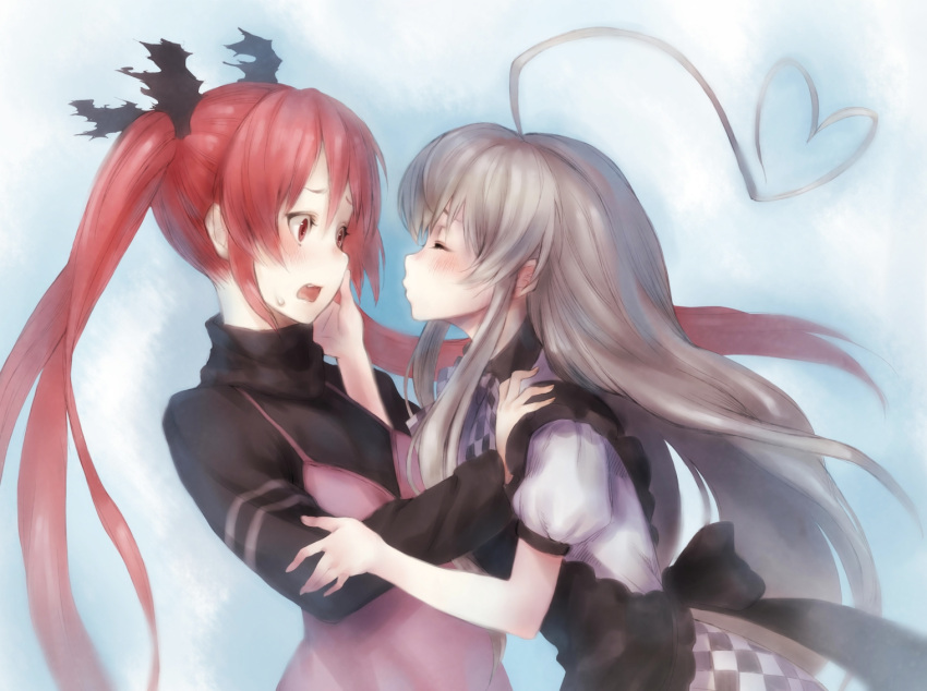 2girls ahoge blush checkered closed_eyes cthugha_(nyaruko-san) expressive_hair haiyore!_nyaruko-san kyol-2 long_hair long_sleeves multiple_girls nyarlathotep_(nyaruko-san) open_mouth puffy_sleeves red_eyes redhead role_reversal short_sleeves silver_hair sweatdrop very_long_hair